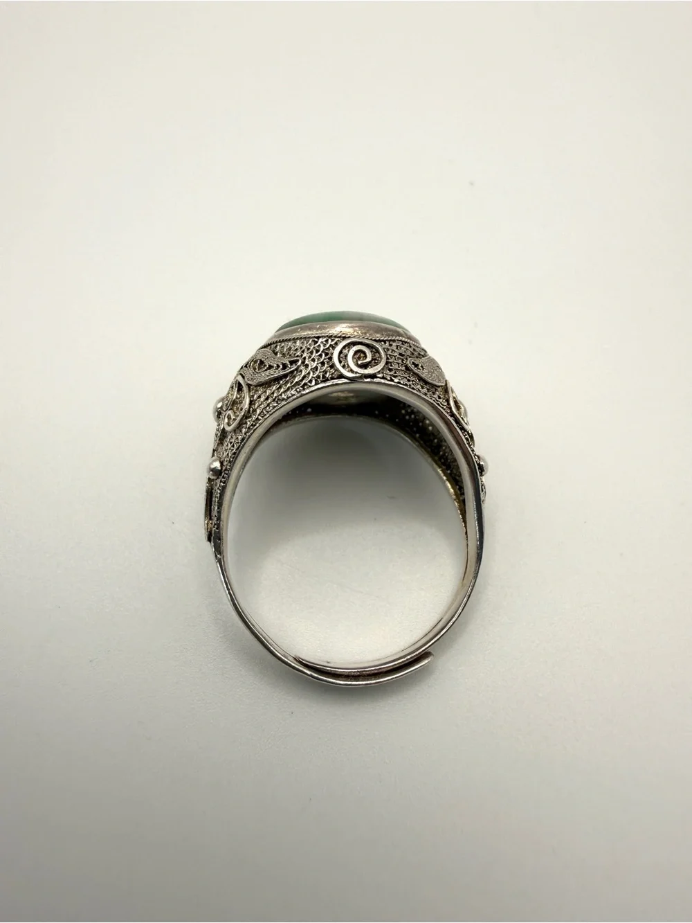 Antique Adjustable Chinese Silver Filigree Ring with Green Stone Cabochon